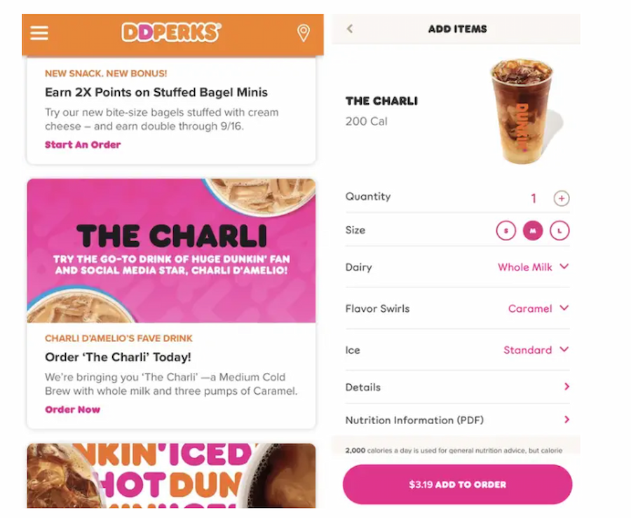 AP: Charli D'Amelio in Dunkin' Donut mobile app