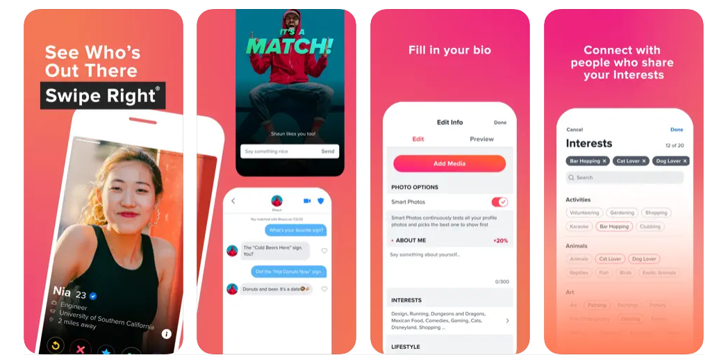 BDA: Tinder dating app screenshots and feature highlights