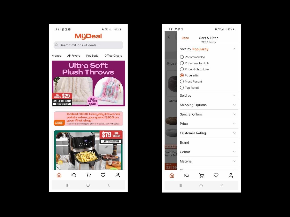 AFM: MyDeal mobile app product filter by popularity