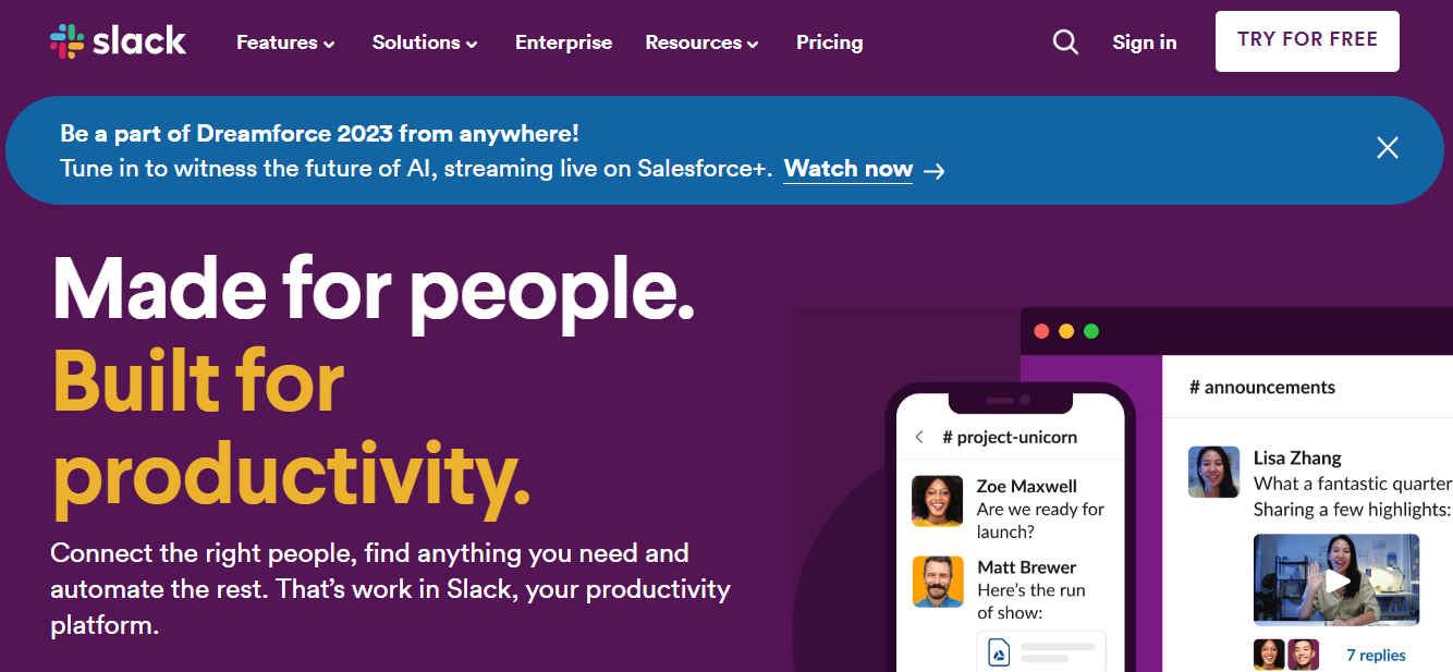 BE: Slack home page