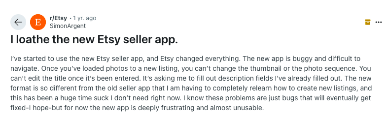 BRA: Image of Etsy seller app review on Reddit