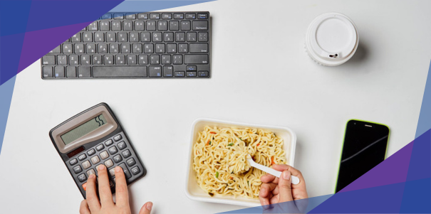 The left hand uses a calculator to calculate caloric intake, while the right hand uses a fork to eat pasta