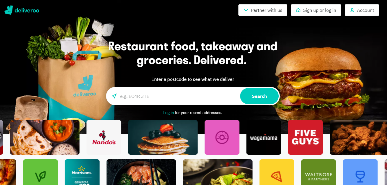 BFDA: Deliveroo home page showing a burger and a bag of groceries along with pictures of food and logos of establishments