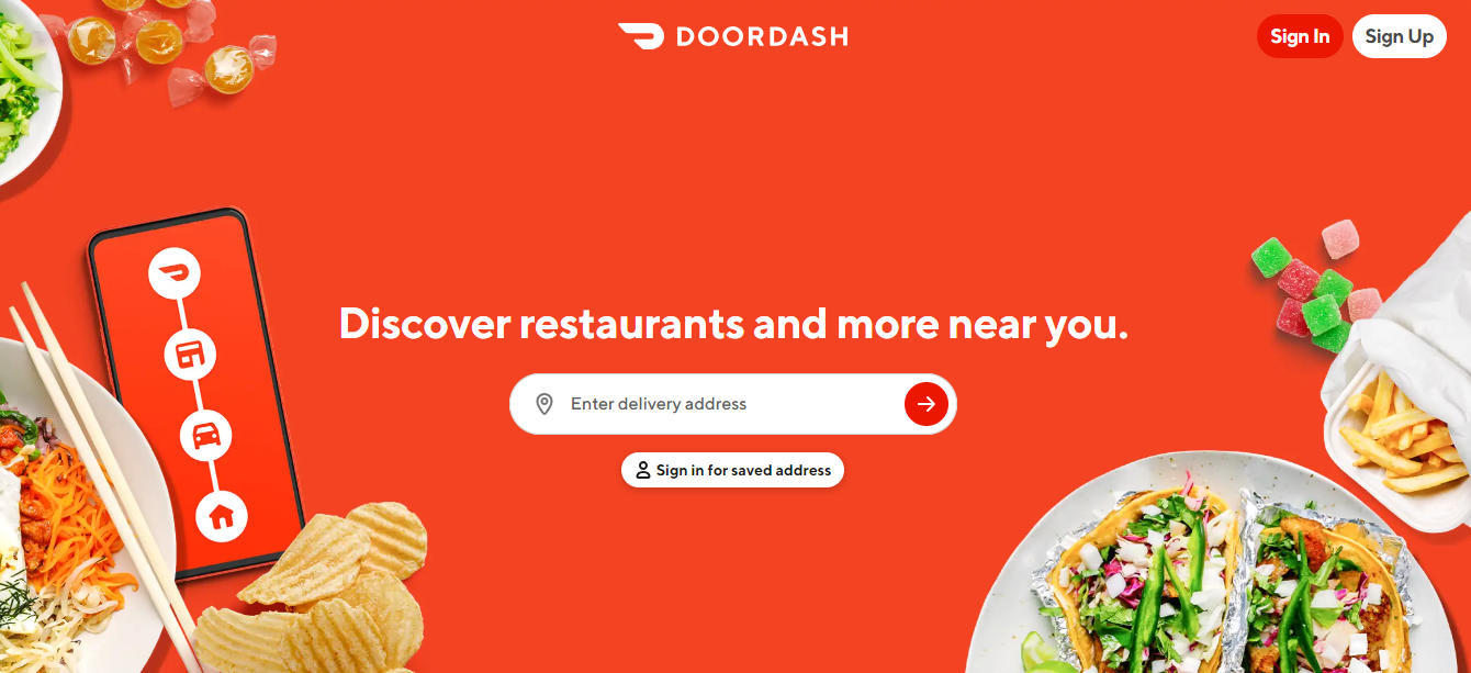 BFDA: DoorDash home page showing spaghetti, fries, and some Mexican food