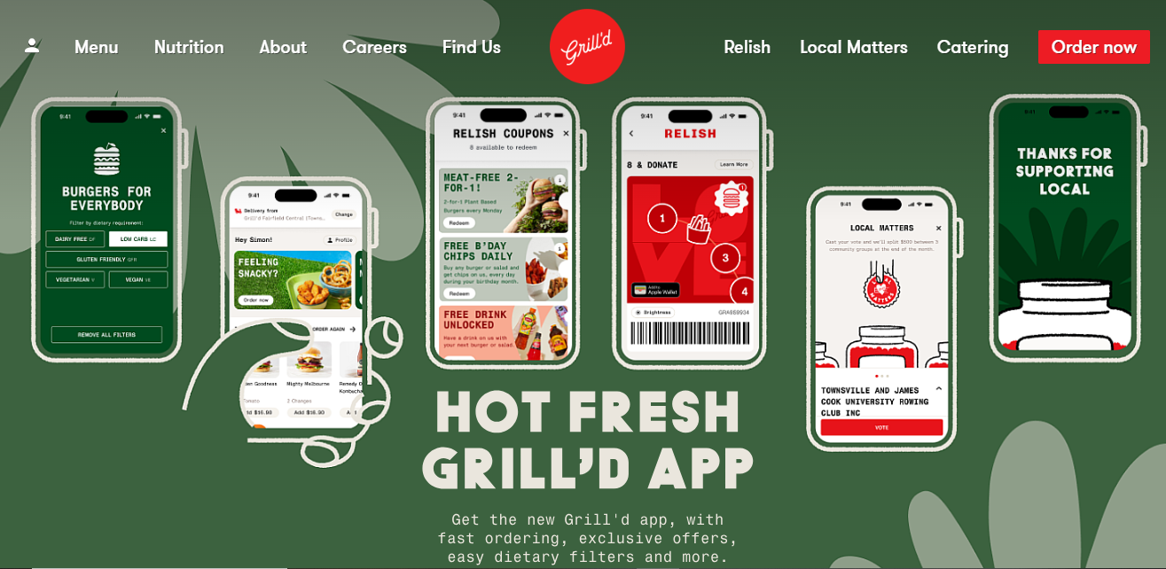 BFDA: Grill'd home page showing various screenshots of the app indicating themes like supporting local and reward systems