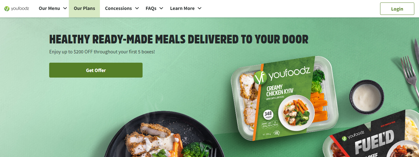 BFDA: Youfoodz home page showing a box of Creamy Chicken Kyiv and other healthy meals 