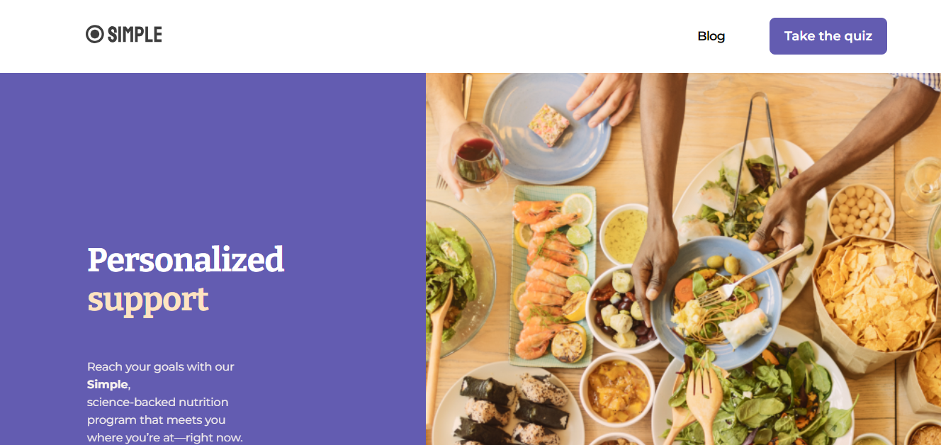 BIFA: Home page of the Simple app showing a photo of people eating healthy food