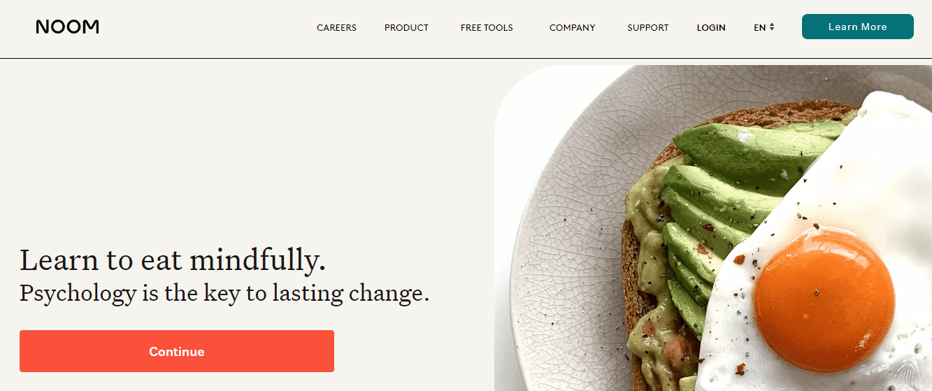 BIFA: Noom home page showing the picture of a healthy meal and text stating psychology as key to habit change