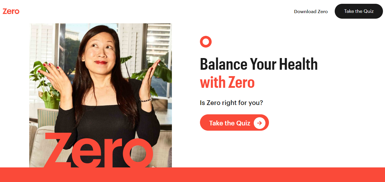 BIFA: Zero app home page with a photo of a woman with both hands raised as if to show balance