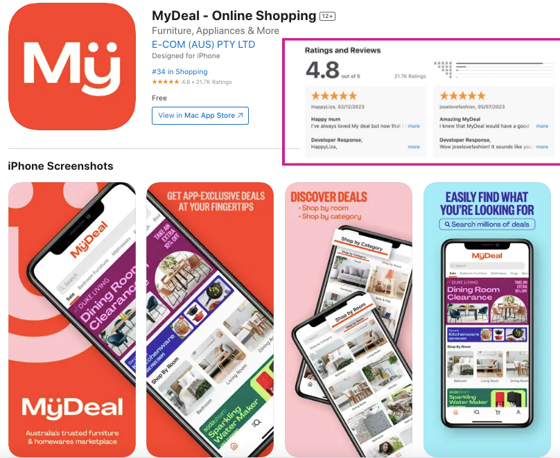 ASR: Image of MyDeal online shopping app store reviews