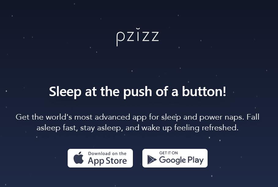 BSA: Home page of the Pzizz app showing the app's slogan, its main benefits, and buttons leading to the Google Play Store and the App Store