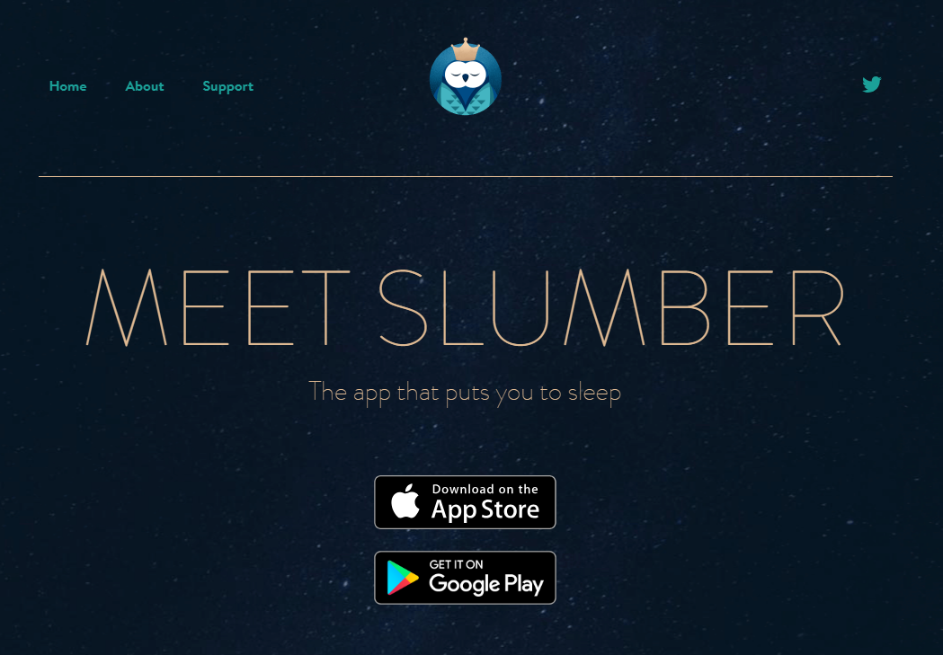BSA: Home page of the Slumber app showing the app's slogan and links to the Google Play Store and the App Store