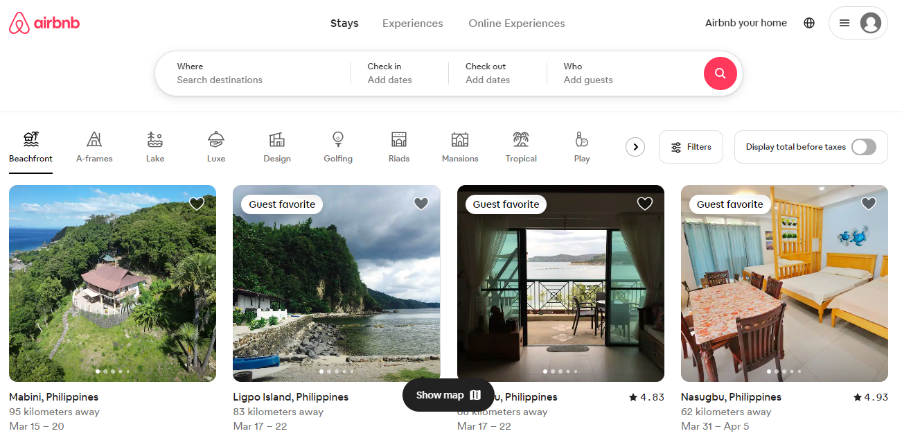 BTA: Airbnb homepage with search interface for various vacation rentals and cultural experiences