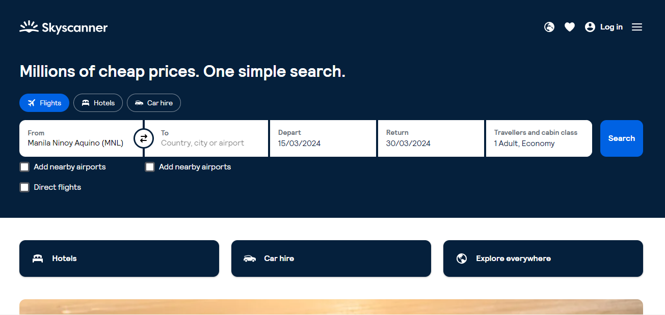 BTA: Skyscanner homepage with a search interface for hotels, rental cars, and flights