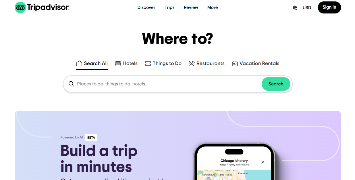 BTA: Tripadvisor homepage with a search interface for hotels, activities, restaurants, and vacation rentals