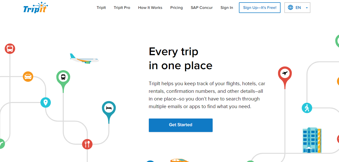 BTA: TripIt homepage with text indicating the travel app's ability to integrate all travel details into one document