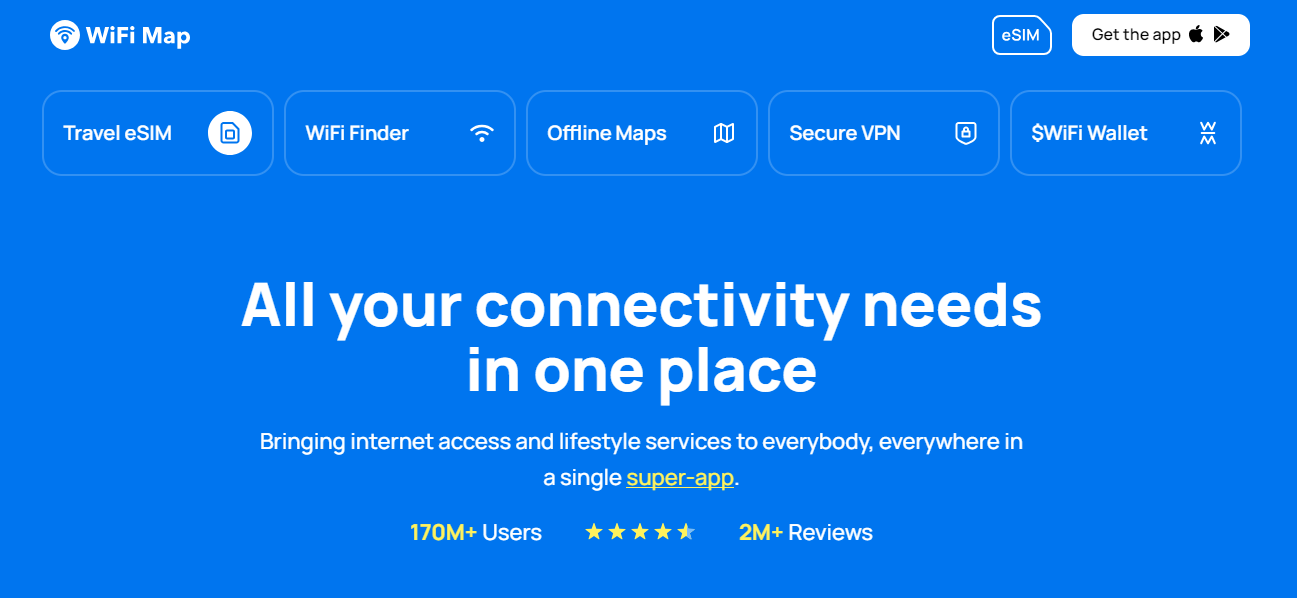BTA: WiFi Map homepage with buttons and text indicating the app's features and main value proposition