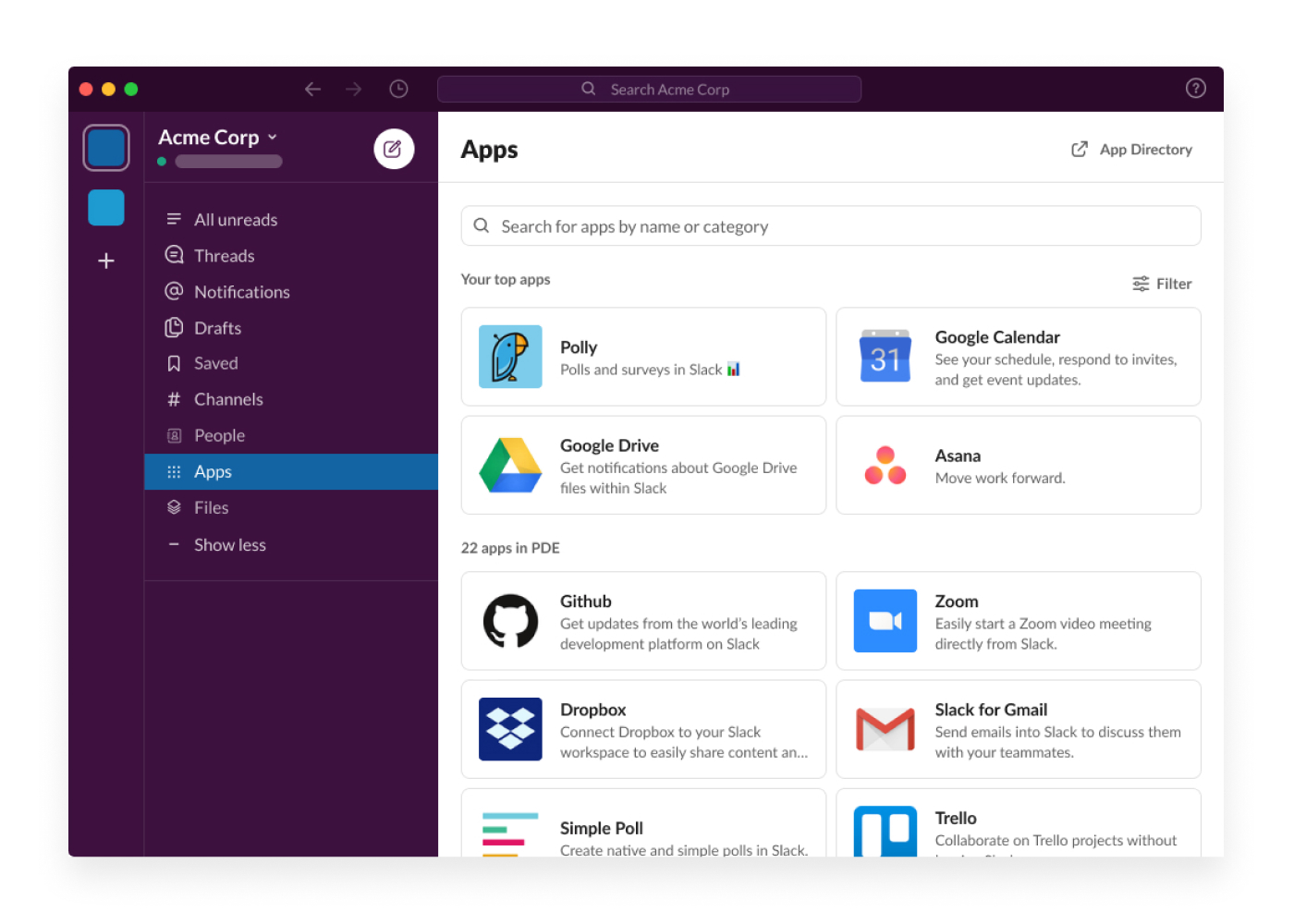 HTBCA: Screenshot of the Slack chat app showing its third-party app integrations