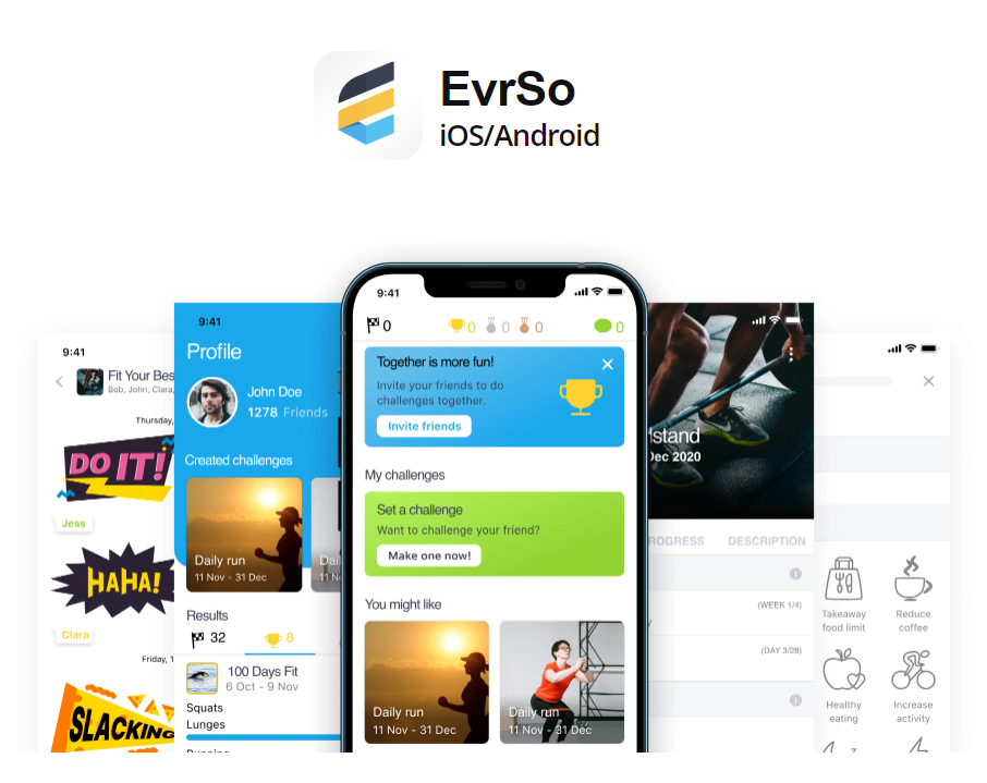 HTCPD: Screenshots of the EvrSo mobile app showing social challenges related to good health, etc.