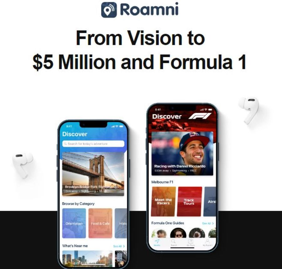 WADC: Image showing Roamni screenshots and the app's F1 partnership