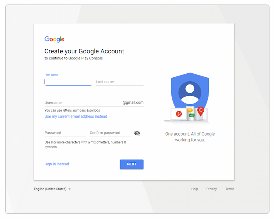 SATGPS: Screenshot of Google Play Console's "Create Account" window