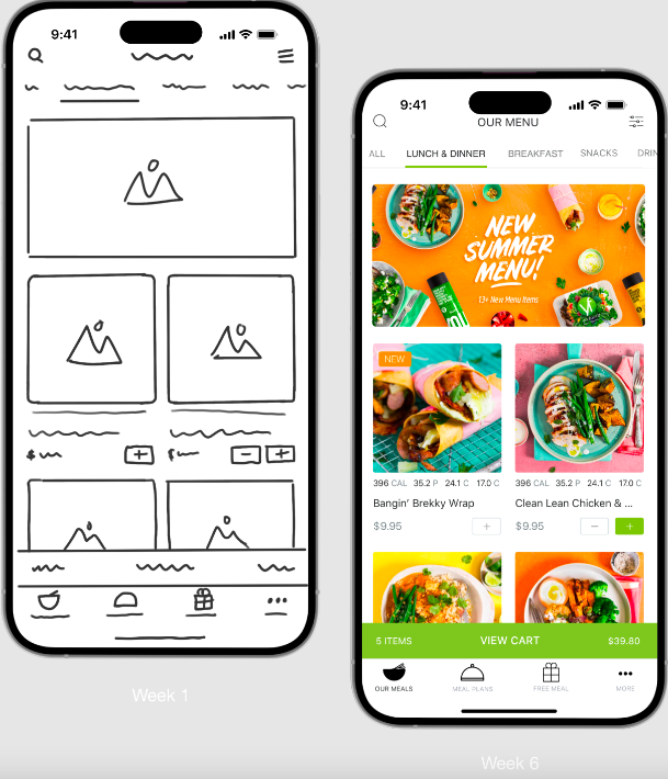 WVP: Image of Youfoodz app sketch vs design stage