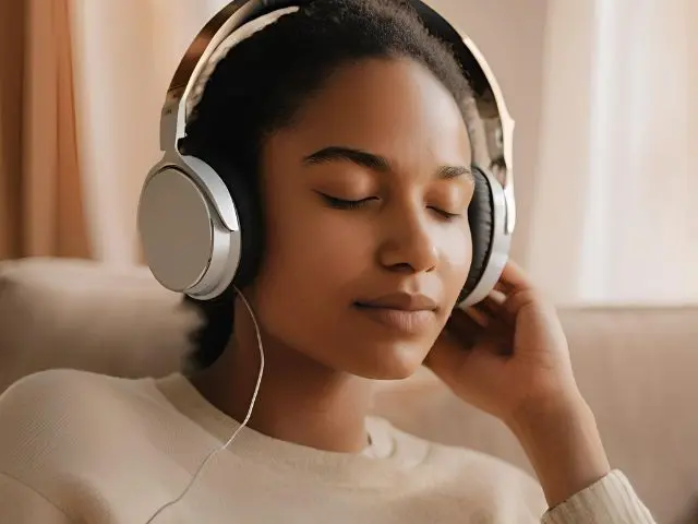 HCMA Image of a woman listening to a music app