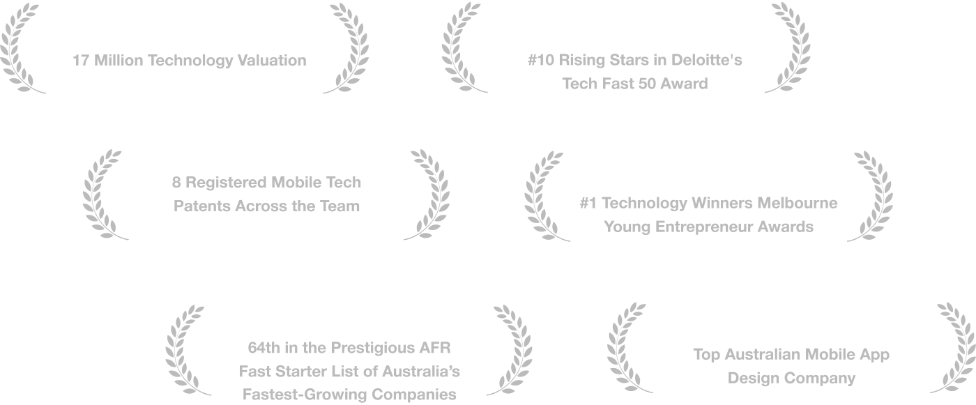 Appetiser innovation awards and recognitions: a $17 million Telstra technology valuation, Deloitte Tech Fast 50 Rising Star, 8 registered mobile-tech patents, SmartCompany Technology Winner, AFR Fast Starters list, and Clutch Top Australian Mobile App Design Company.